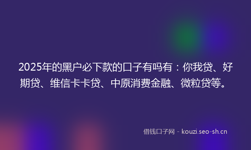 2025年的黑户必下款的口子有吗有:你我贷、好期贷、维信卡卡贷、中原消费金融、微粒贷等。