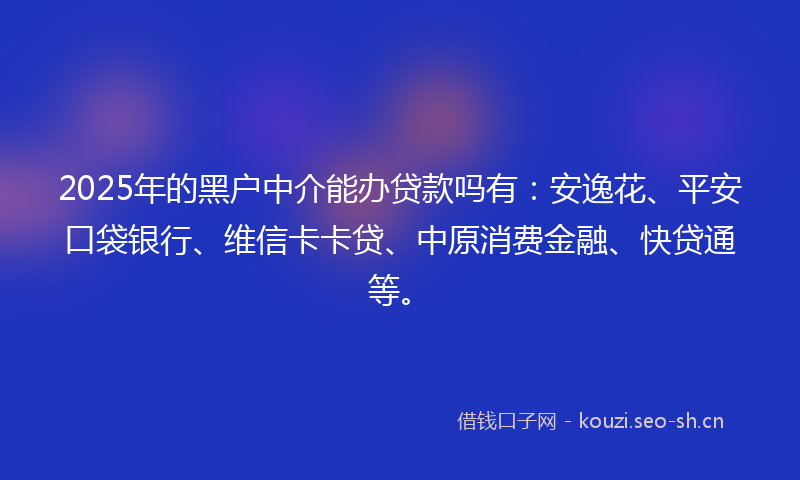 2025年的黑户中介能办贷款吗有:安逸花、平安口袋银行、维信卡卡贷、中原消费金融、快贷通等。