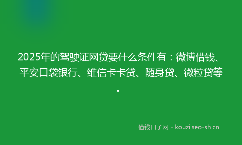 2025年的驾驶证网贷要什么条件有：微博借钱、平安口袋银行、维信卡卡贷、随身贷、微粒贷等。