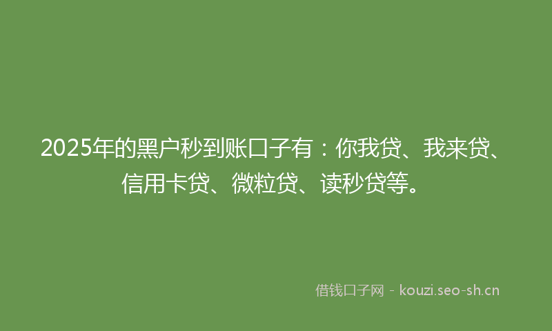 2025年的黑户秒到账口子有：你我贷、我来贷、信用卡贷、微粒贷、读秒贷等。