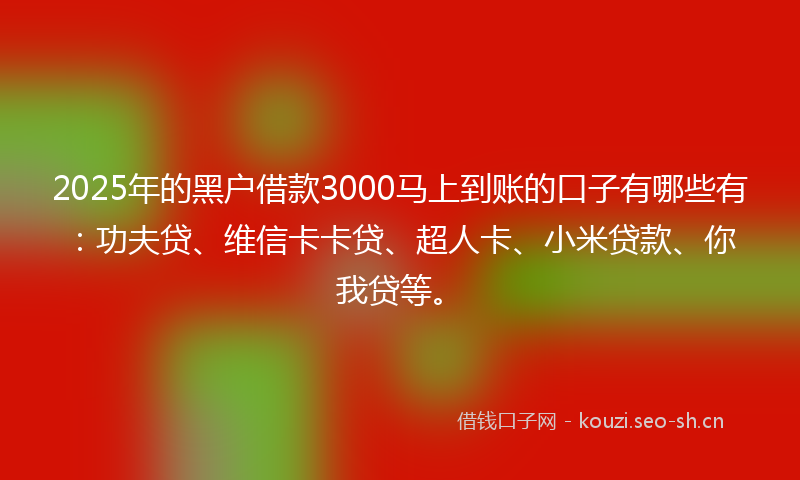 2025年的黑户借款3000马上到账的口子有哪些有：功夫贷、维信卡卡贷、超人卡、小米贷款、你我贷等。
