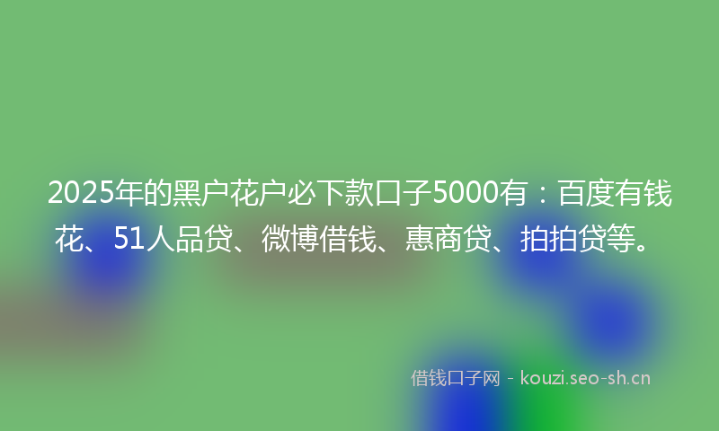 2025年的黑户花户必下款口子5000有：百度有钱花、51人品贷、微博借钱、惠商贷、拍拍贷等。