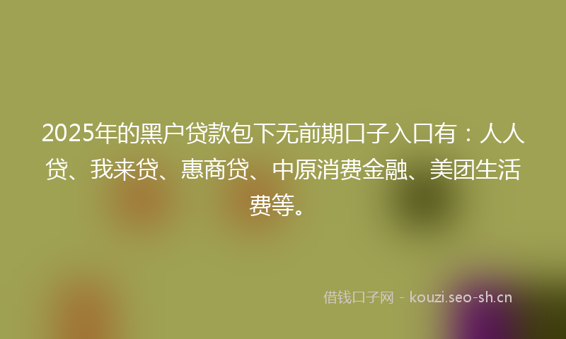 2025年的黑户贷款包下无前期口子入口有：人人贷、我来贷、惠商贷、中原消费金融、美团生活费等。