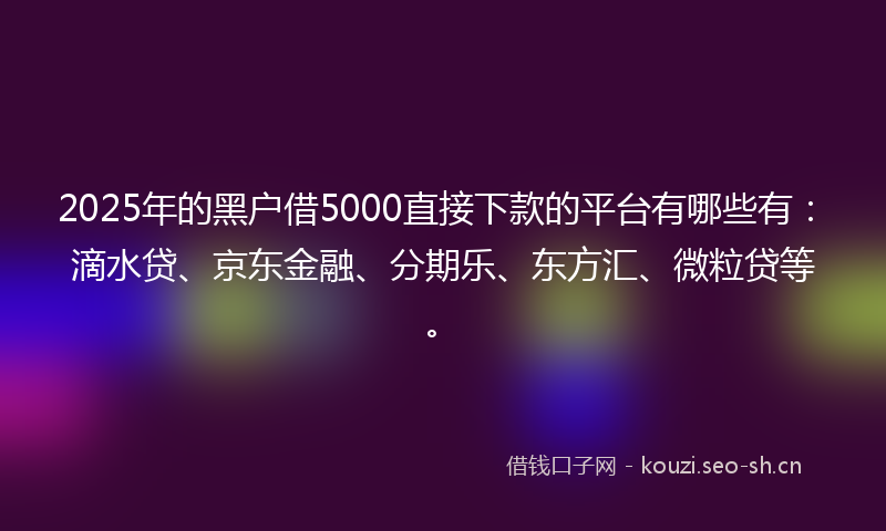 2025年的黑户借5000直接下款的平台有哪些有：滴水贷、京东金融、分期乐、东方汇、微粒贷等。