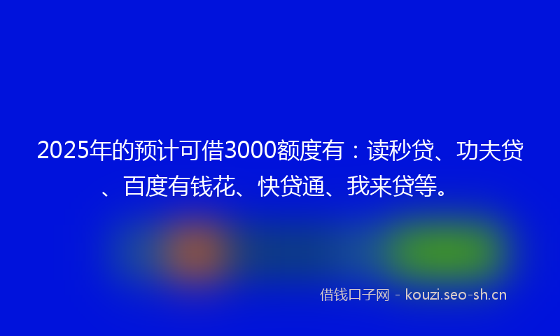 2025年的预计可借3000额度有：读秒贷、功夫贷、百度有钱花、快贷通、我来贷等。