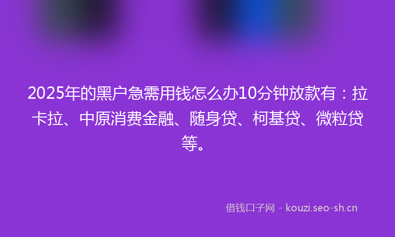 2025年的黑户急需用钱怎么办10分钟放款有：拉卡拉、中原消费金融、随身贷、柯基贷、微粒贷等。