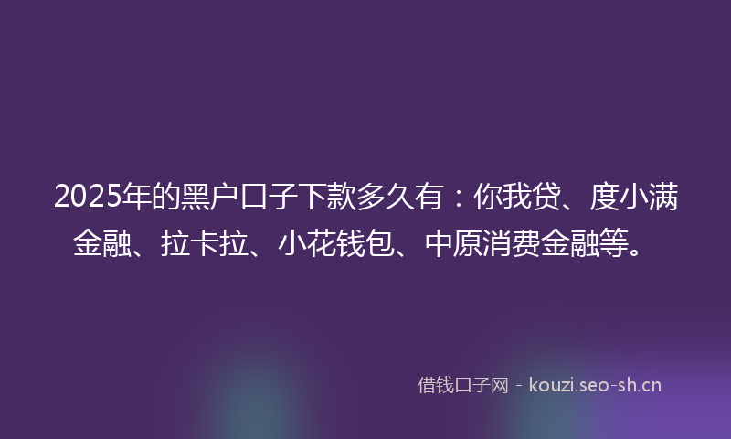2025年的黑户口子下款多久有：你我贷、度小满金融、拉卡拉、小花钱包、中原消费金融等。