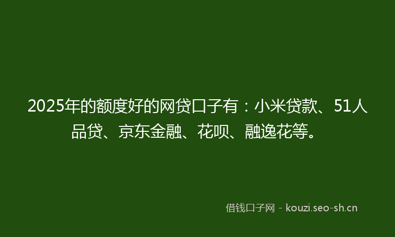2025年的额度好的网贷口子有：小米贷款、51人品贷、京东金融、花呗、融逸花等。
