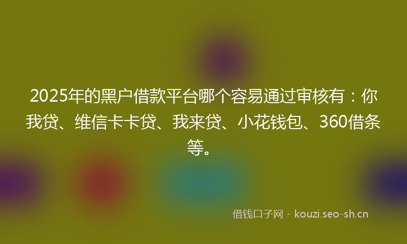 2025年的黑户借款平台哪个容易通过审核有：你我贷、维信卡卡贷、我来贷、小花钱包、360借条等。