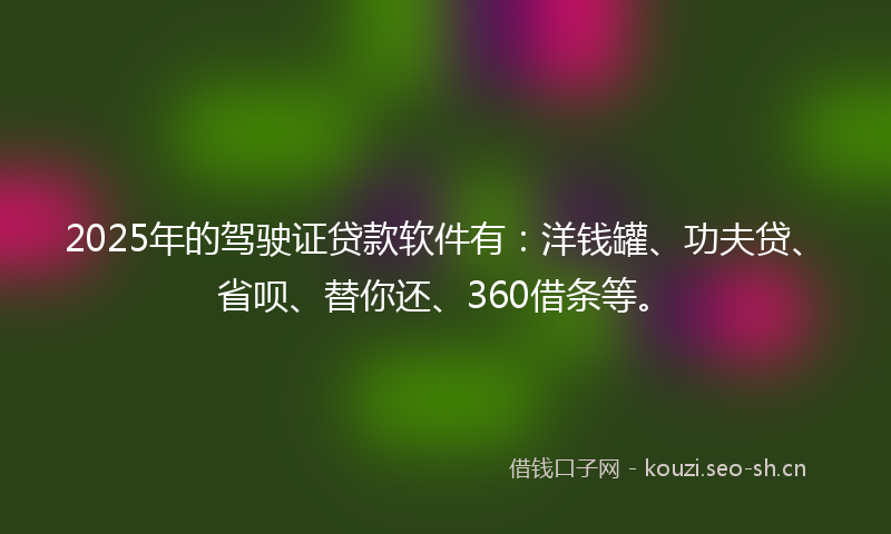 2025年的驾驶证贷款软件有：洋钱罐、功夫贷、省呗、替你还、360借条等。