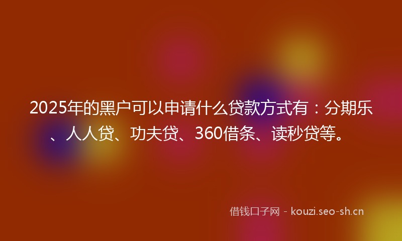 2025年的黑户可以申请什么贷款方式有：分期乐、人人贷、功夫贷、360借条、读秒贷等。