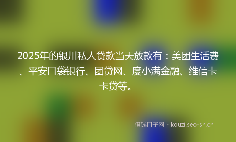 2025年的银川私人贷款当天放款有：美团生活费、平安口袋银行、团贷网、度小满金融、维信卡卡贷等。
