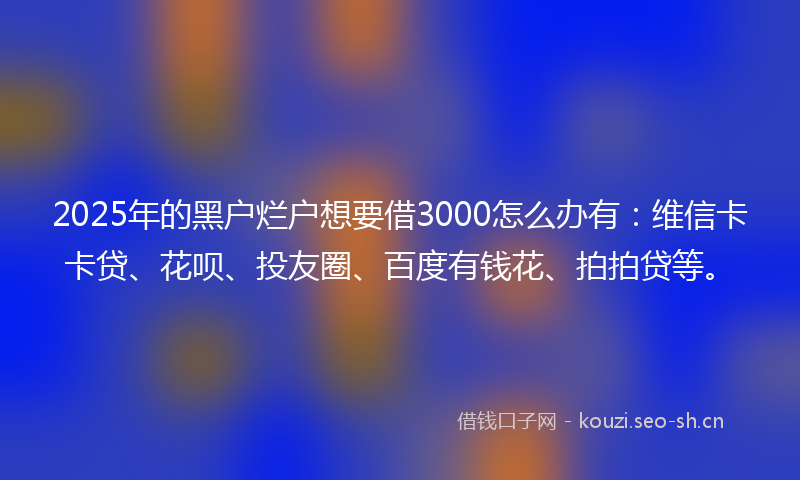 2025年的黑户烂户想要借3000怎么办有：维信卡卡贷、花呗、投友圈、百度有钱花、拍拍贷等。