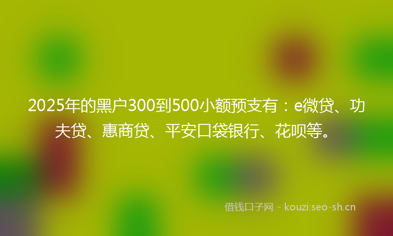 2025年的黑户300到500小额预支有：e微贷、功夫贷、惠商贷、平安口袋银行、花呗等。