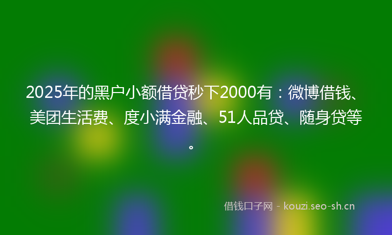 2025年的黑户小额借贷秒下2000有：微博借钱、美团生活费、度小满金融、51人品贷、随身贷等。