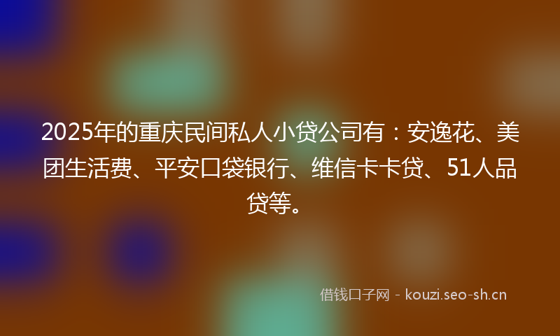 2025年的重庆民间私人小贷公司有：安逸花、美团生活费、平安口袋银行、维信卡卡贷、51人品贷等。