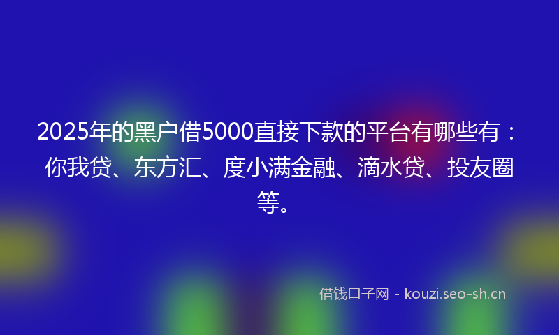 2025年的黑户借5000直接下款的平台有哪些有：你我贷、东方汇、度小满金融、滴水贷、投友圈等。