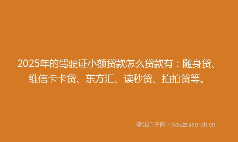 2025年的驾驶证小额贷款怎么贷款有：随身贷、维信卡卡贷、东方汇、读秒贷、拍拍贷等。