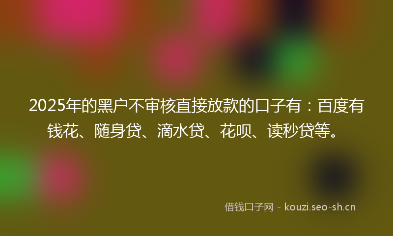 2025年的黑户不审核直接放款的口子有：百度有钱花、随身贷、滴水贷、花呗、读秒贷等。