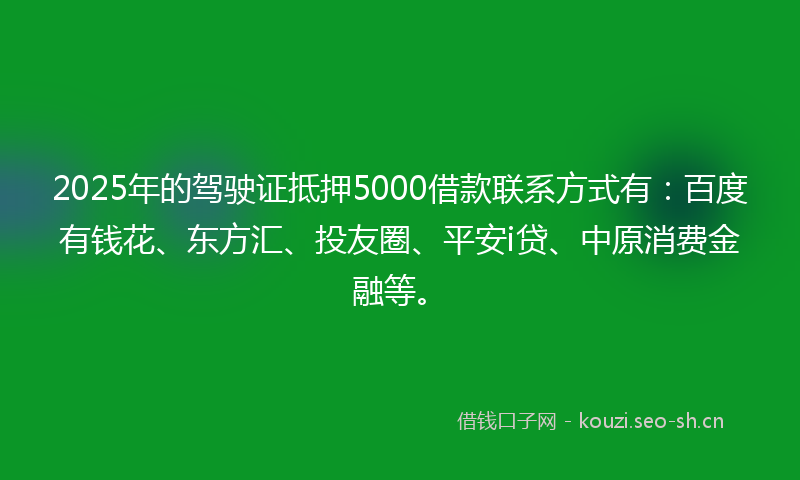 2025年的驾驶证抵押5000借款联系方式有:百度有钱花、东方汇、投友圈、平安i贷、中原消费金融等。