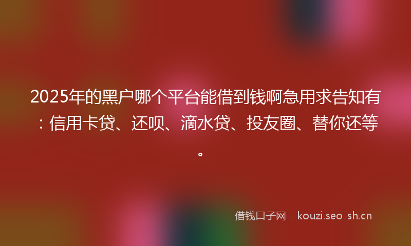 2025年的黑户哪个平台能借到钱啊急用求告知有：信用卡贷、还呗、滴水贷、投友圈、替你还等。