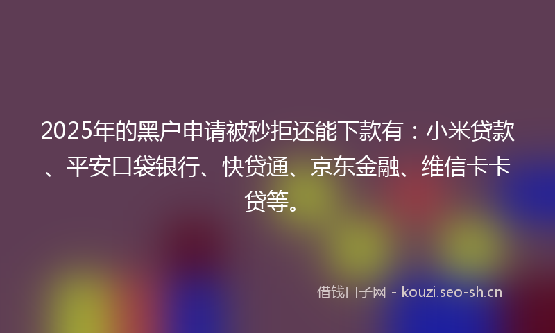 2025年的黑户申请被秒拒还能下款有：小米贷款、平安口袋银行、快贷通、京东金融、维信卡卡贷等。