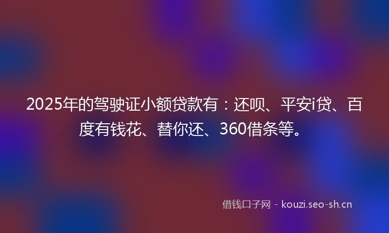 2025年的驾驶证小额贷款有：还呗、平安i贷、百度有钱花、替你还、360借条等。