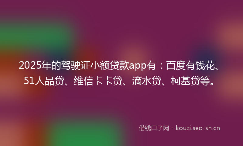 2025年的驾驶证小额贷款app有：百度有钱花、51人品贷、维信卡卡贷、滴水贷、柯基贷等。