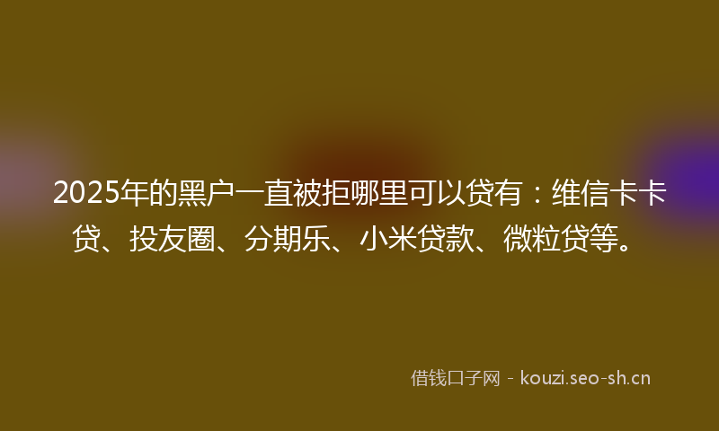 2025年的黑户一直被拒哪里可以贷有：维信卡卡贷、投友圈、分期乐、小米贷款、微粒贷等。