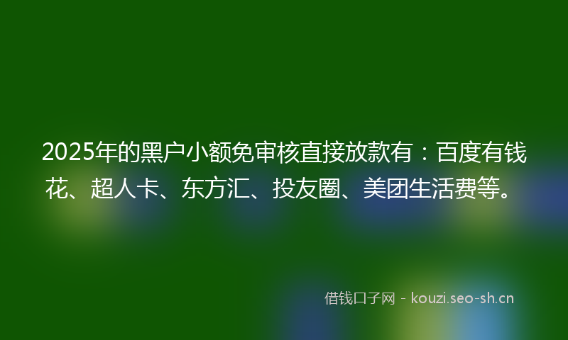 2025年的黑户小额免审核直接放款有：百度有钱花、超人卡、东方汇、投友圈、美团生活费等。