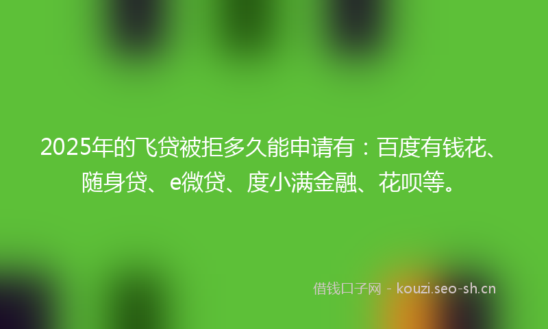 2025年的飞贷被拒多久能申请有：百度有钱花、随身贷、e微贷、度小满金融、花呗等。
