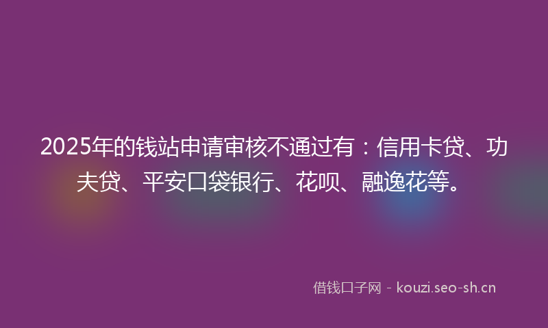 2025年的钱站申请审核不通过有：信用卡贷、功夫贷、平安口袋银行、花呗、融逸花等。