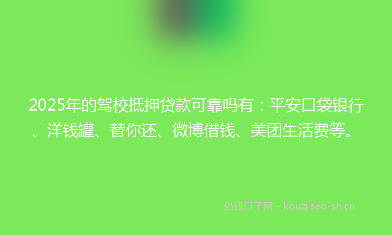 2025年的驾校抵押贷款可靠吗有：平安口袋银行、洋钱罐、替你还、微博借钱、美团生活费等。