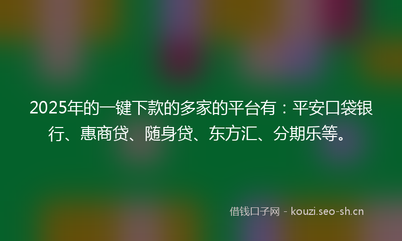2025年的一键下款的多家的平台有：平安口袋银行、惠商贷、随身贷、东方汇、分期乐等。