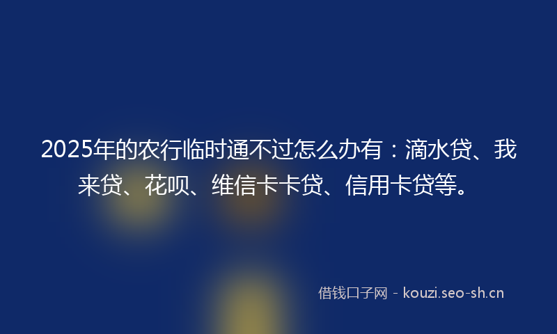 2025年的农行临时通不过怎么办有：滴水贷、我来贷、花呗、维信卡卡贷、信用卡贷等。