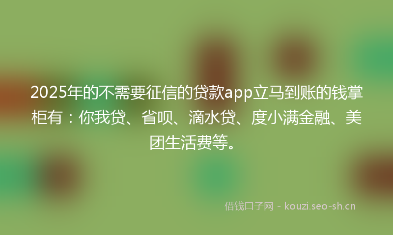 2025年的不需要征信的贷款app立马到账的钱掌柜有：你我贷、省呗、滴水贷、度小满金融、美团生活费等。