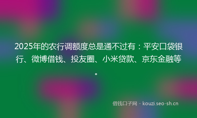 2025年的农行调额度总是通不过有：平安口袋银行、微博借钱、投友圈、小米贷款、京东金融等。