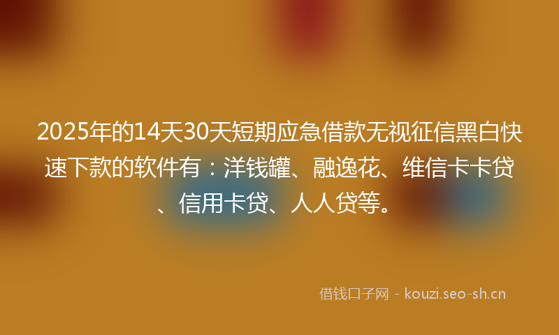 2025年的14天30天短期应急借款无视征信黑白快速下款的软件有：洋钱罐、融逸花、维信卡卡贷、信用卡贷、人人贷等。