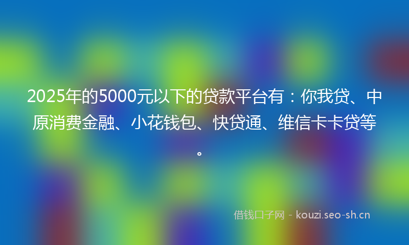 2025年的5000元以下的贷款平台有：你我贷、中原消费金融、小花钱包、快贷通、维信卡卡贷等。
