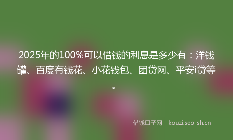 2025年的100%可以借钱的利息是多少有：洋钱罐、百度有钱花、小花钱包、团贷网、平安i贷等。