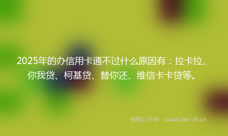 2025年的办信用卡通不过什么原因有：拉卡拉、你我贷、柯基贷、替你还、维信卡卡贷等。