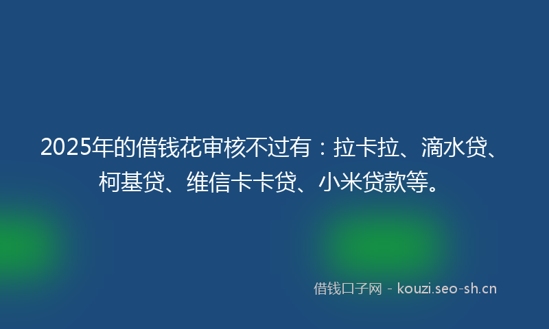 2025年的借钱花审核不过有：拉卡拉、滴水贷、柯基贷、维信卡卡贷、小米贷款等。