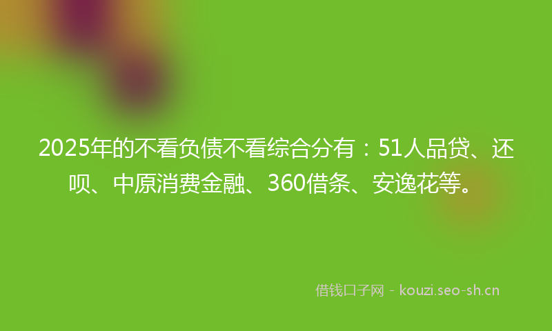 2025年的不看负债不看综合分有：51人品贷、还呗、中原消费金融、360借条、安逸花等。