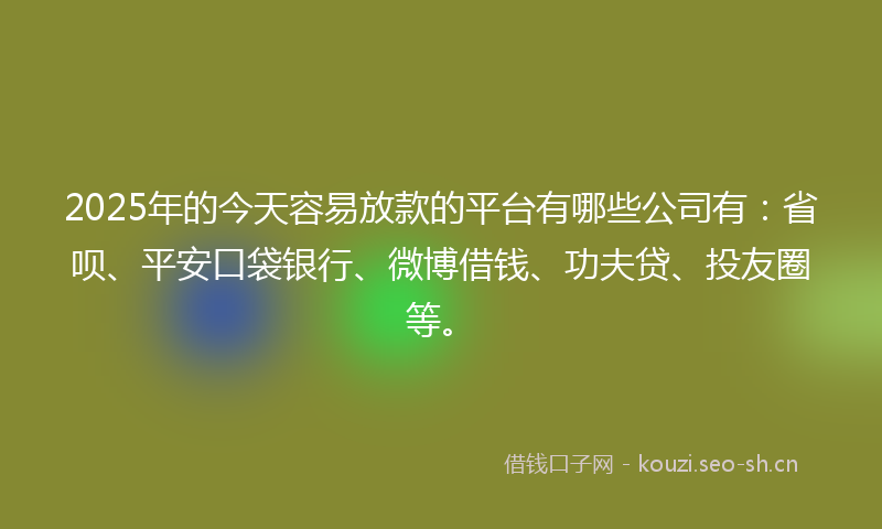 2025年的今天容易放款的平台有哪些公司有：省呗、平安口袋银行、微博借钱、功夫贷、投友圈等。