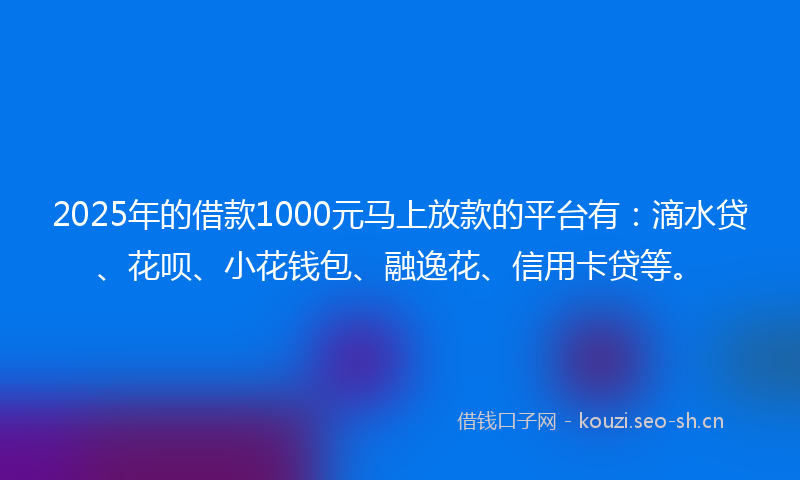 2025年的借款1000元马上放款的平台有：滴水贷、花呗、小花钱包、融逸花、信用卡贷等。