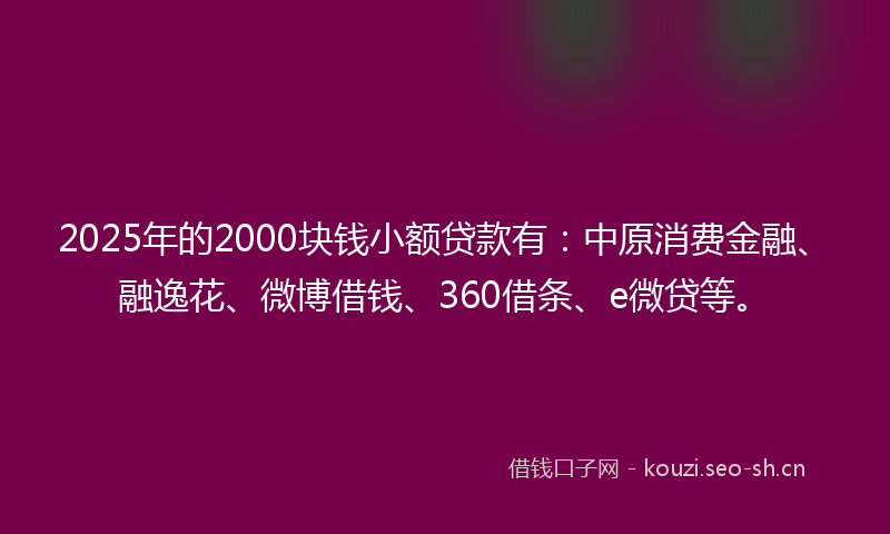 2025年的2000块钱小额贷款有：中原消费金融、融逸花、微博借钱、360借条、e微贷等。