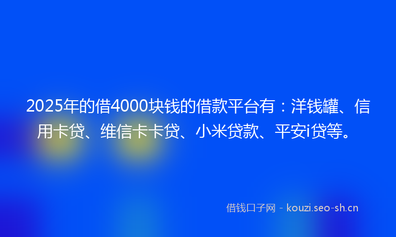 2025年的借4000块钱的借款平台有：洋钱罐、信用卡贷、维信卡卡贷、小米贷款、平安i贷等。