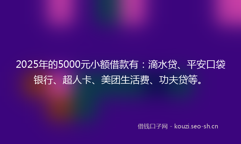 2025年的5000元小额借款有：滴水贷、平安口袋银行、超人卡、美团生活费、功夫贷等。