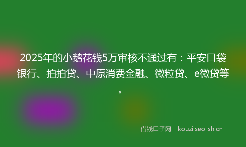 2025年的小鹅花钱5万审核不通过有：平安口袋银行、拍拍贷、中原消费金融、微粒贷、e微贷等。
