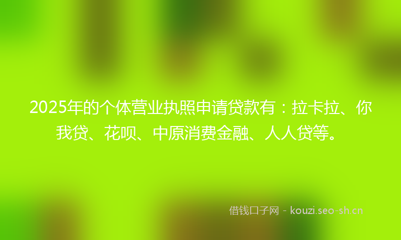2025年的个体营业执照申请贷款有：拉卡拉、你我贷、花呗、中原消费金融、人人贷等。